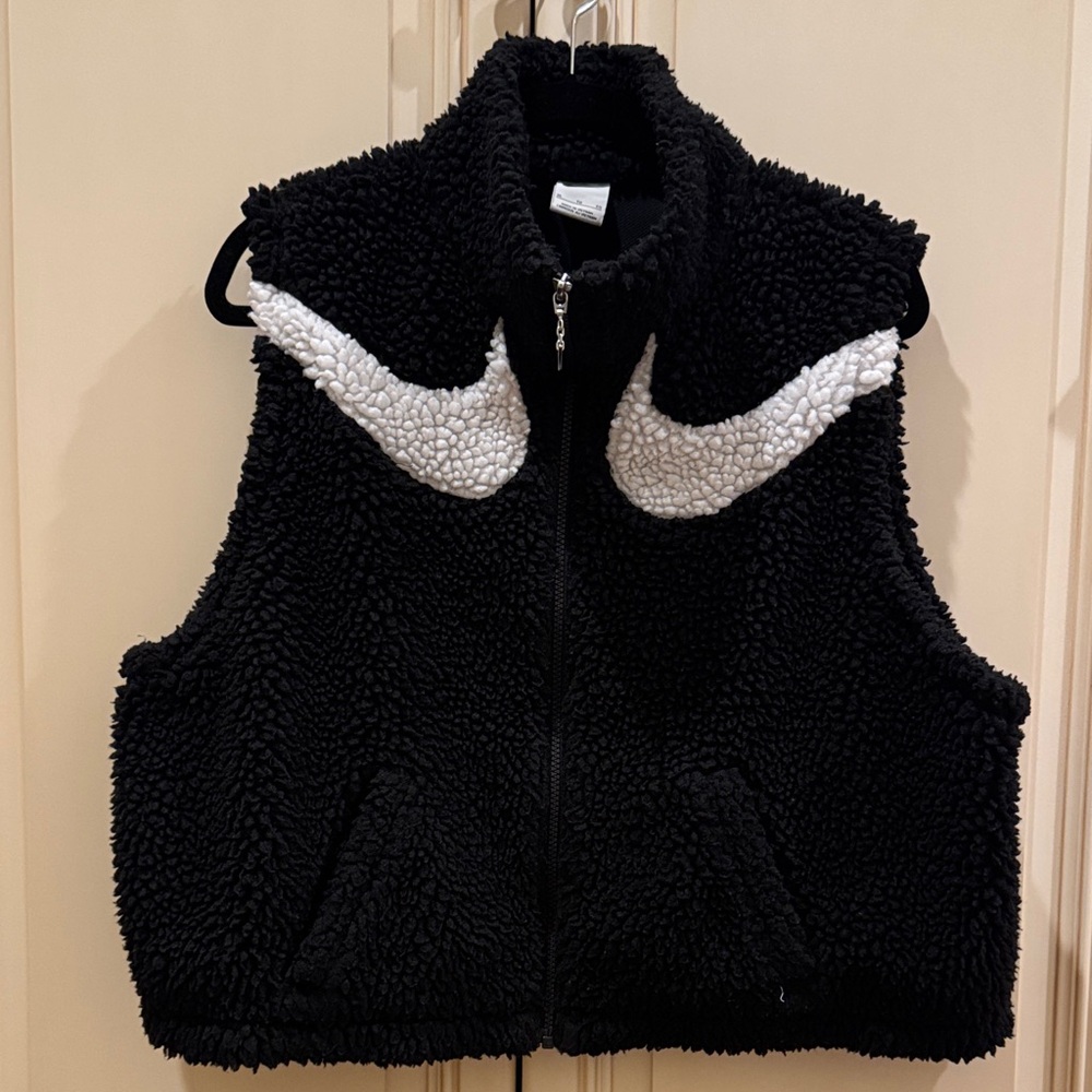 Nike Black Sherpa Vest with White Swoosh Accents